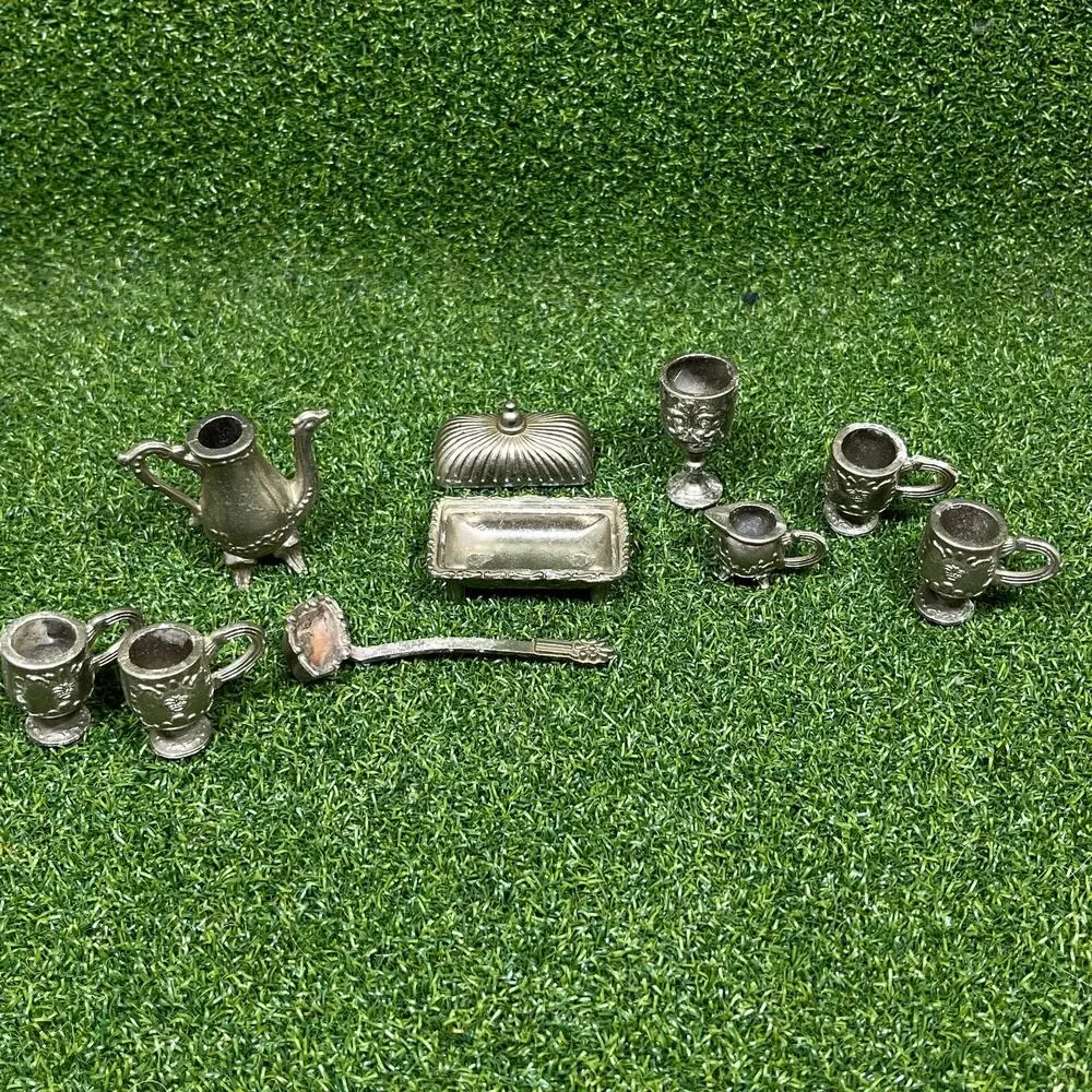 Vintage 1978 Imperial Toy Silver Tone Metal Miniature Dollhouse Tea Coffee Set